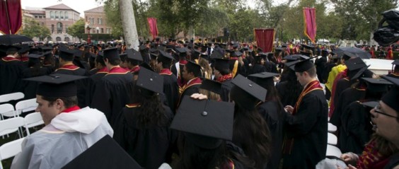 Graduating students attend USC's Commencement Ceremony at the University of Southern California in Los Angeles